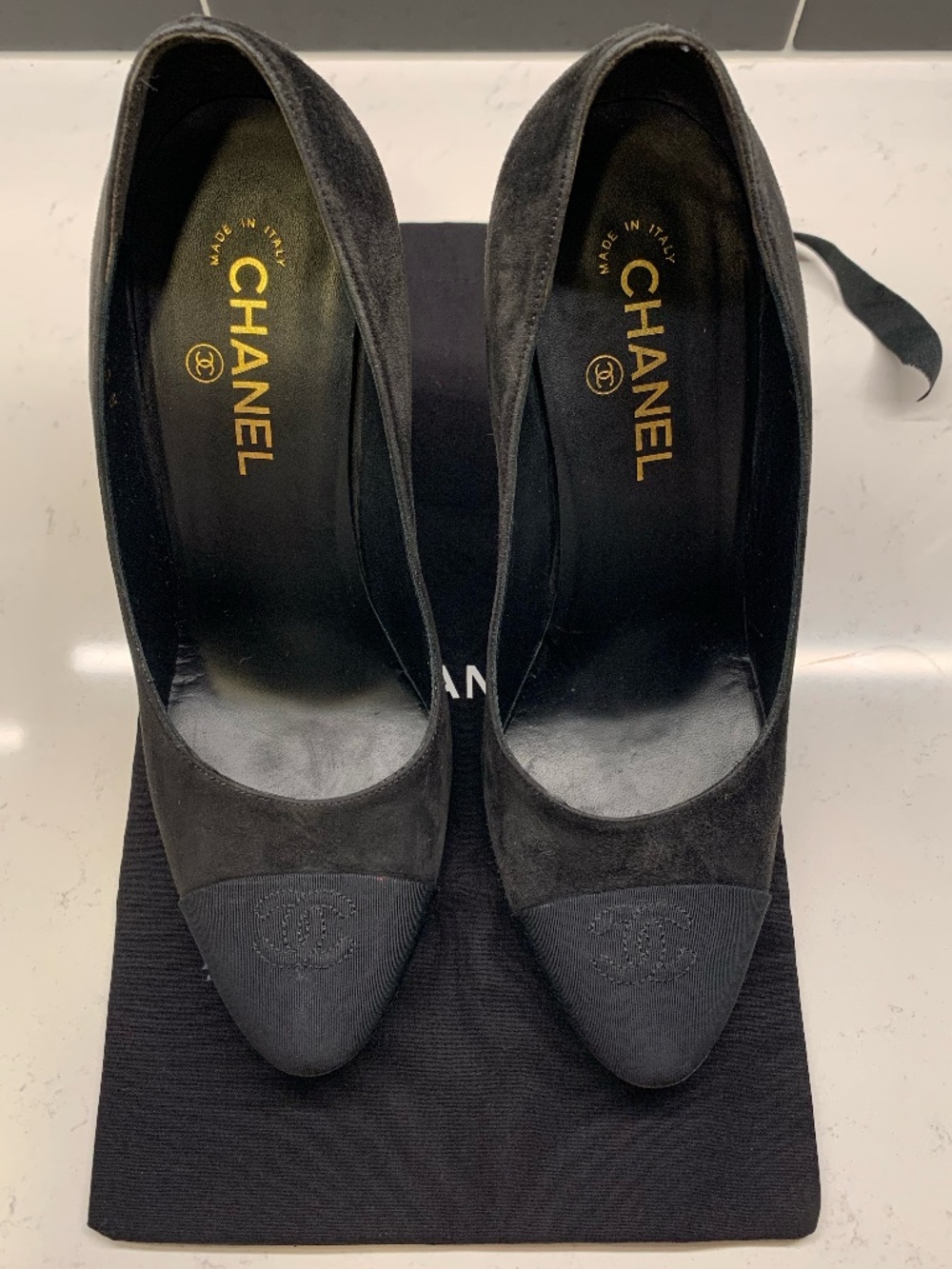AUTHENTIC CHANEL 41,  Black Suede Pearls Stacked Heels
